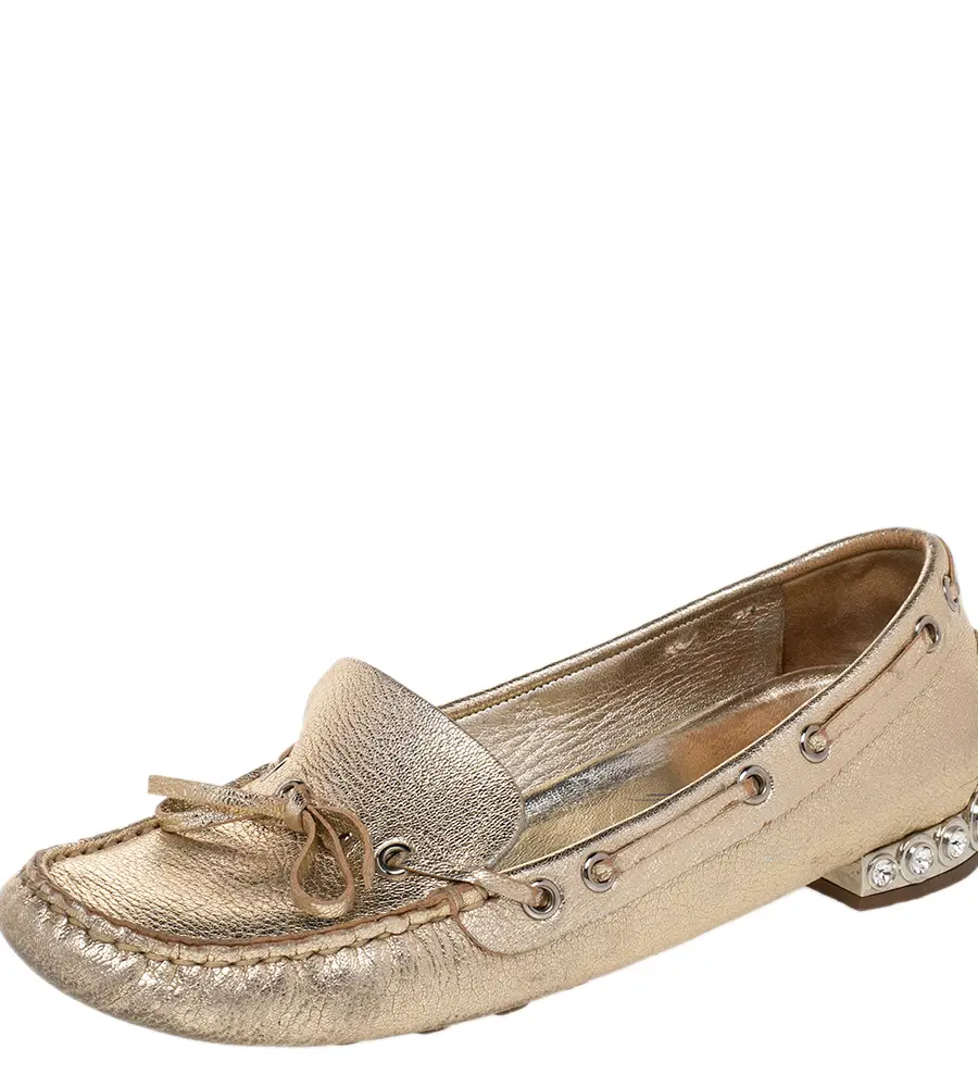 Miu Miu Metallic Gold Crystal Embellished Slip on Loafers Size 36.5