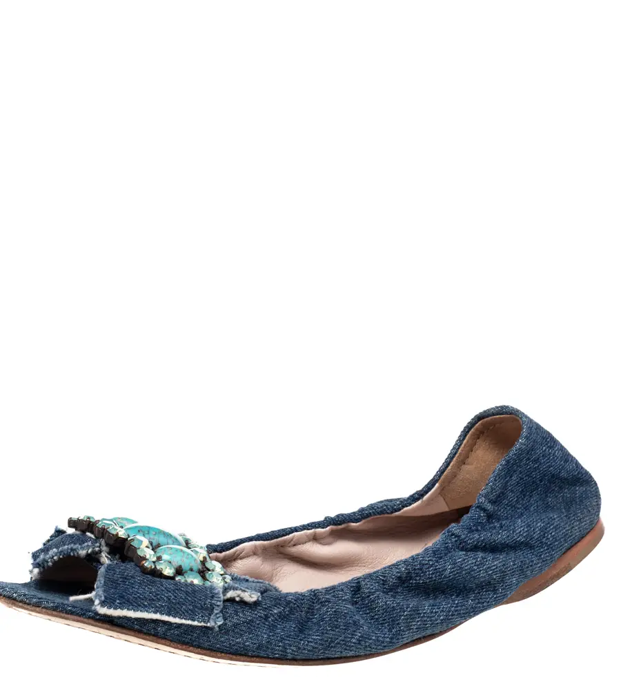 Miu Miu Blue Denim Crystal Embellished Ballet Flats Size 37
