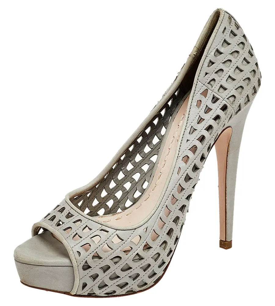 Miu Miu Grey Laser Cut Leather Peep Toe Platform Pumps Size 37