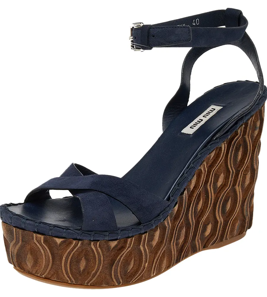 Miu Miu Blue Suede Wedge Platform Ankle Strap Sandals Size 40