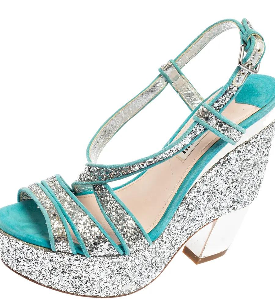 Miu Miu Turquoise Suede and Glitter Ankle Strap Platform Sandals Size 36