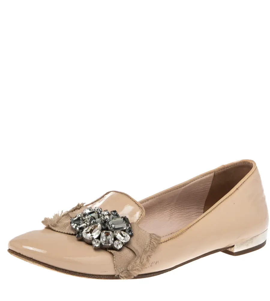 Miu Miu Nude Patent Leather Crystals Bow Ballet Flats Size 37