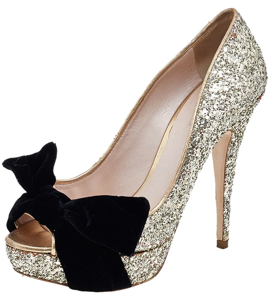 Miu Miu Metallic Gold Glitter Leather And Velvet Bow Peep Toe Pumps Size 38