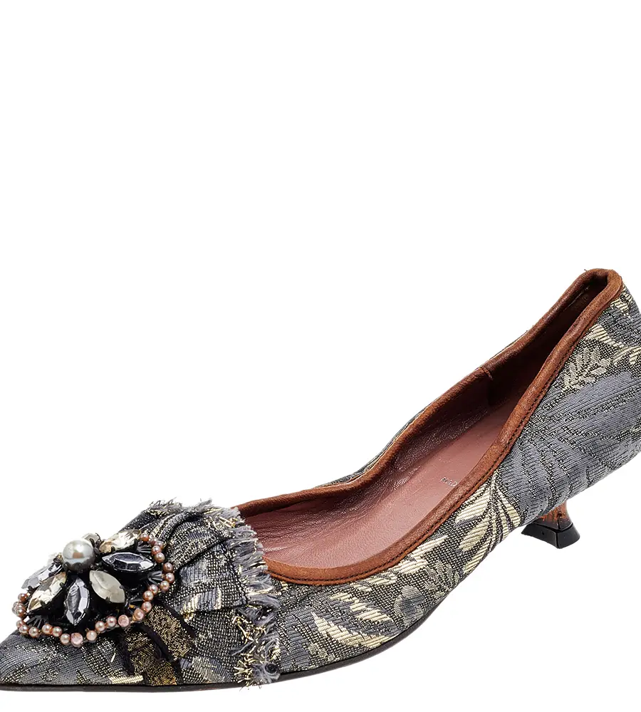 Miu Miu Grey Jacquard Embellished Pointed Toe Pumps Size 36