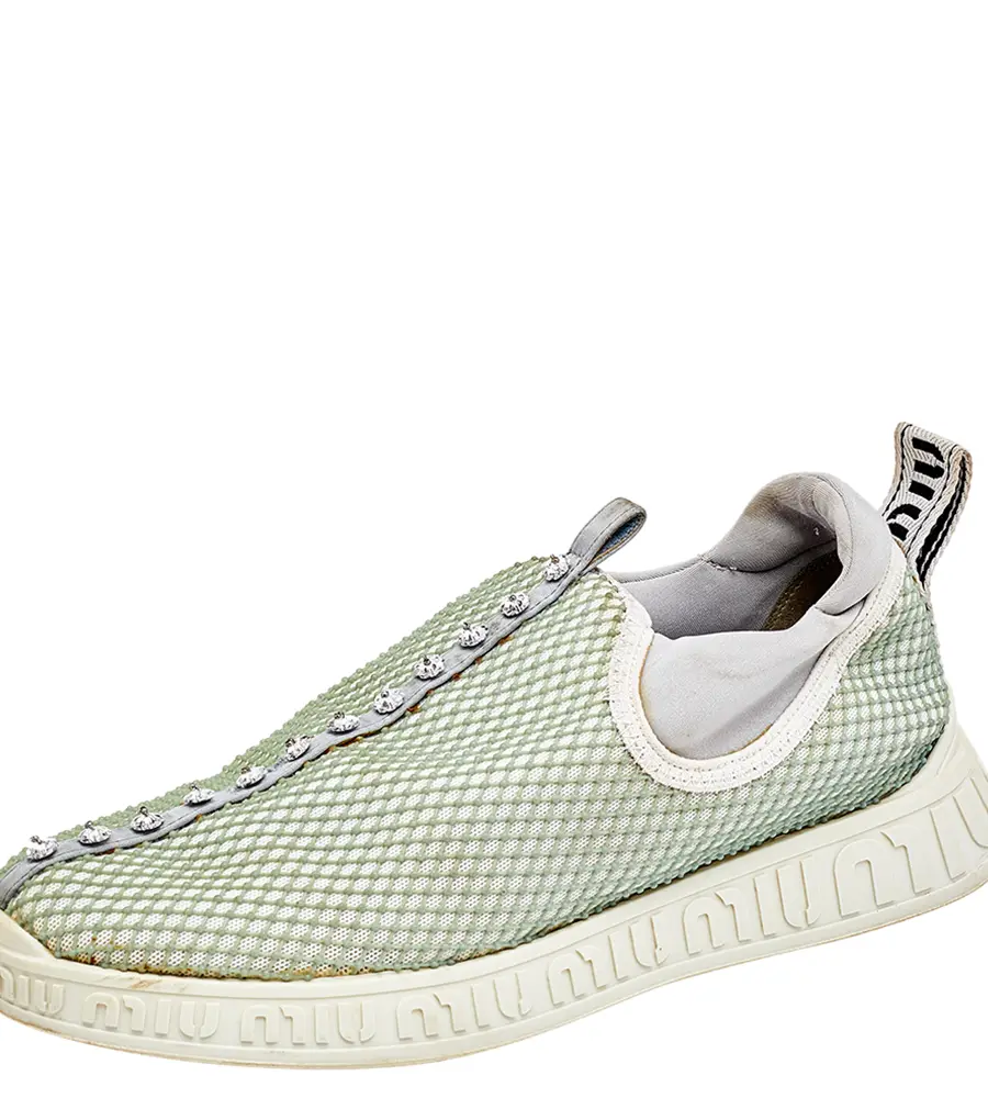 Miu Miu Multicolor Mesh and Neoprene Crystal Embellished Slip On Sneakers Size 36.5