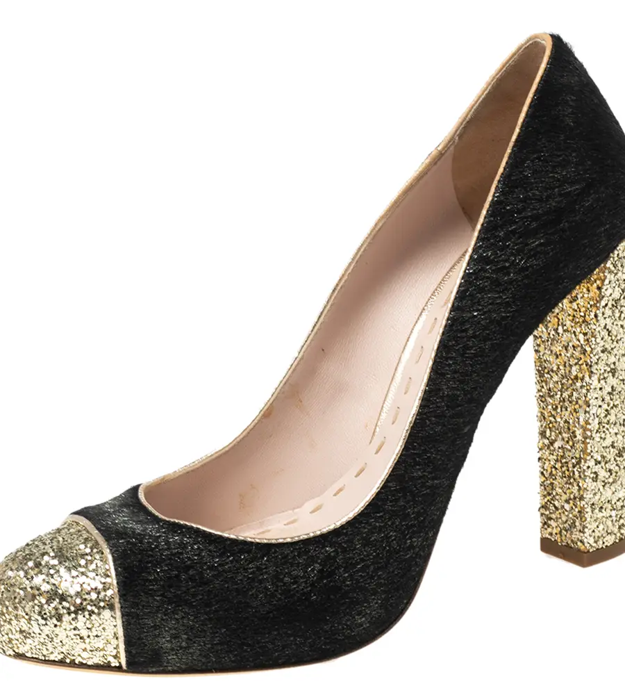 Miu Miu Black/Gold Calf Hair And Coarse Glitter Cap-Toe Block Heel Pumps Size 40
