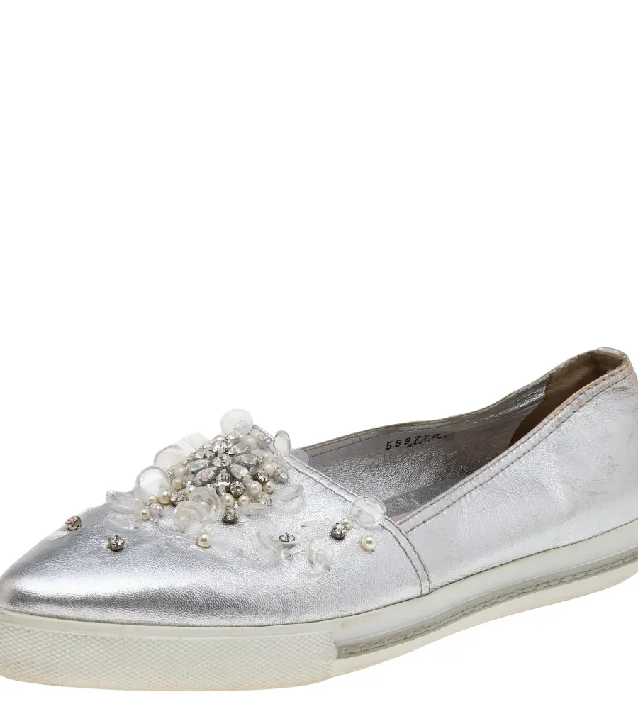 Miu Miu Metallic Silver Leather Embellished Pointed Toe Slip On Sneakers Size 40