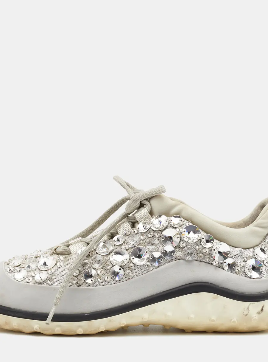 Miu Miu Grey Satin And Stretch Fabric Astro Crystal Embellished Low Top Sneakers Size 36