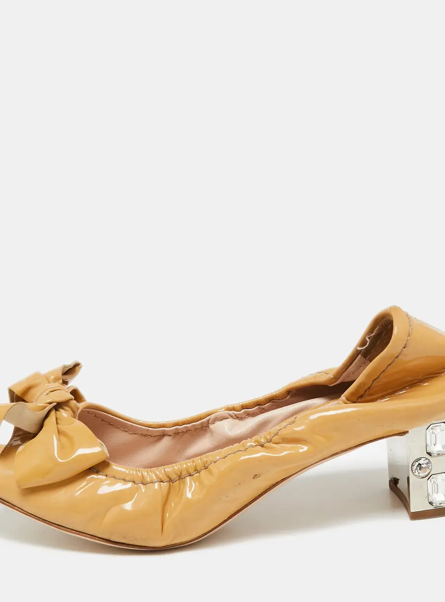 Miu Miu Beige Patent Leather Bow Crystal Studded Heel Peep-Toe Pumps Size 38