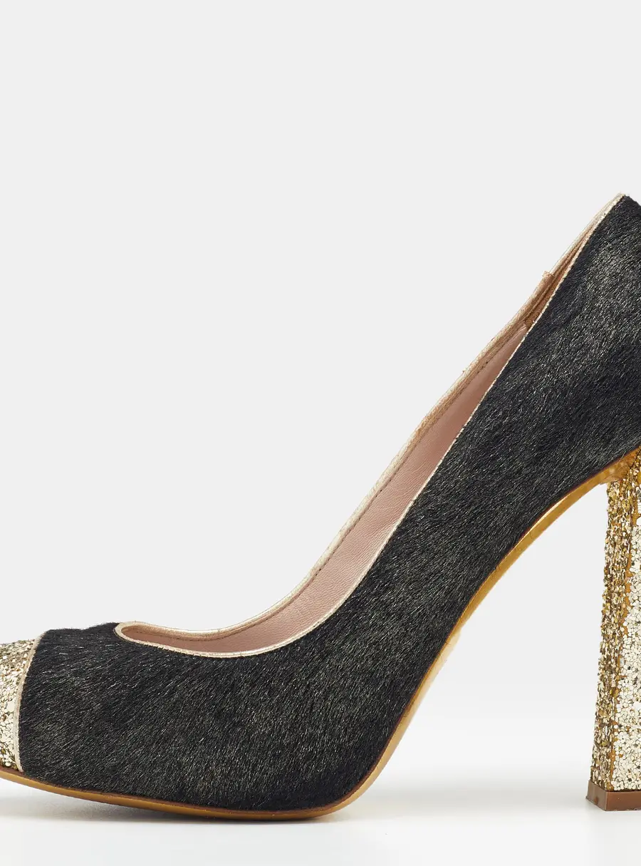 Miu Miu Black/Gold Calf Hair And Glitter Cap Toe Block Heel Pumps Size 37.5