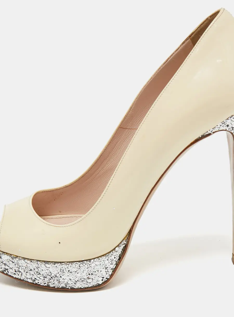 Miu Miu Cream Patent Leather And Coarse Glitter Peep Toe Platform Pumps Size 36.5