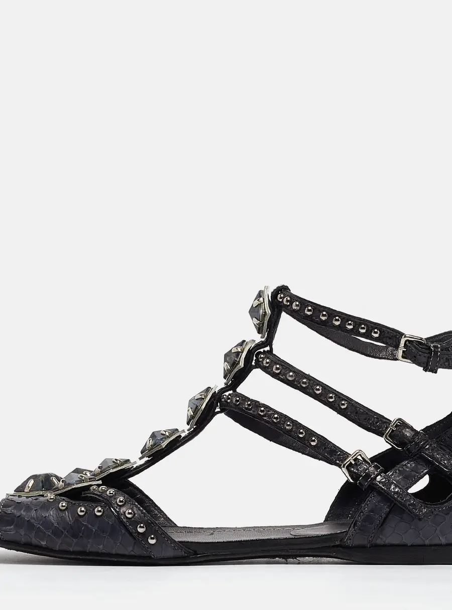 Miu Miu Navy Blue Python Leather Ankle Strap Flat Sandals Size 38.5