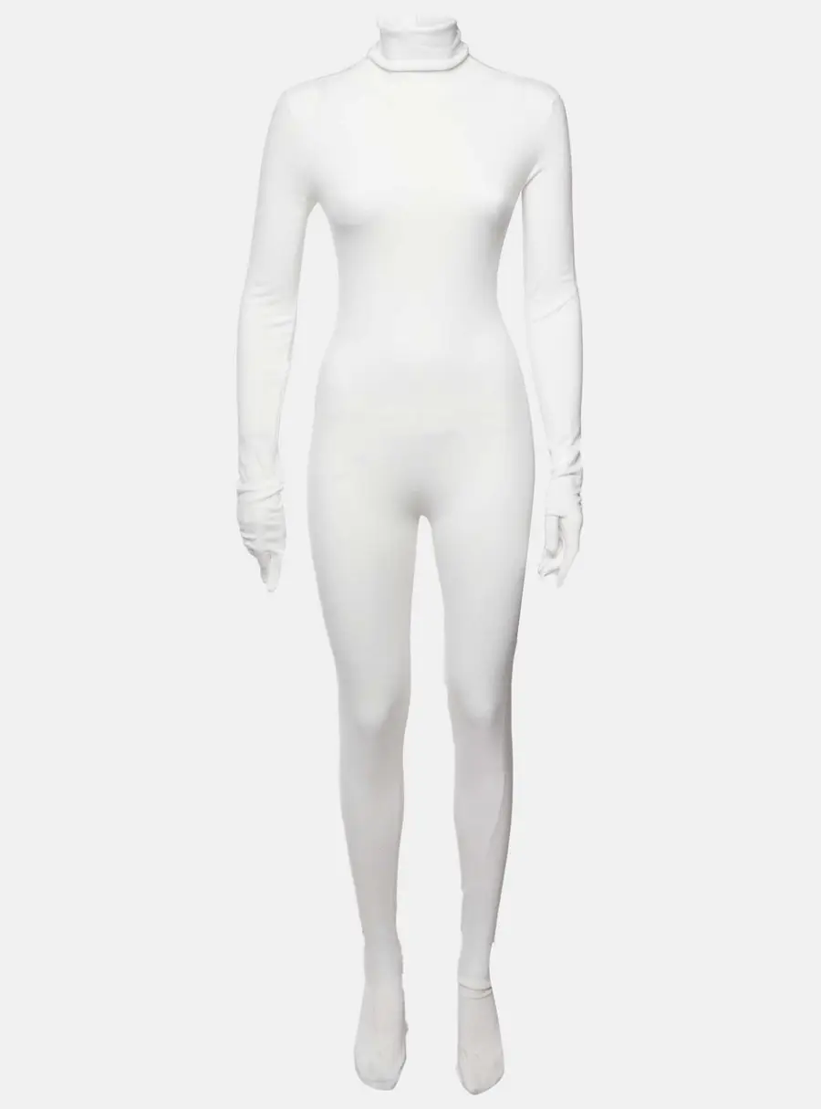 MM6 Maison Margiela Cream Stretch Knit Half Zip Up Catsuit S