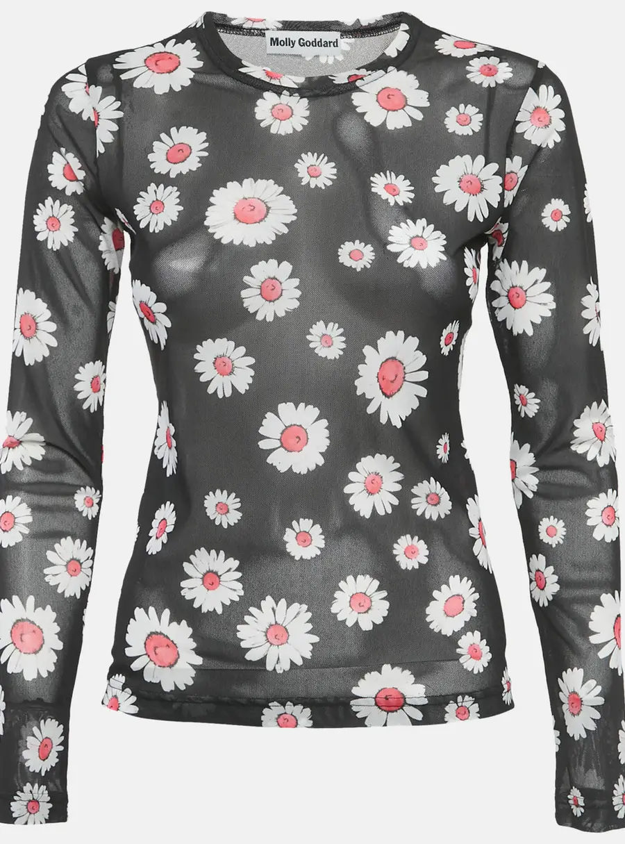 Molly Goddard Black Floral Print Stretch Knit Sheer Top M