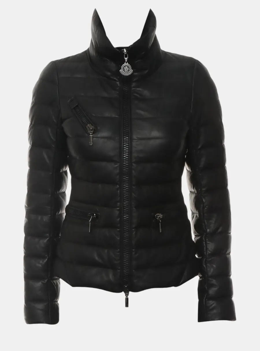 Moncler Black Leather Puffer Jacket XXS