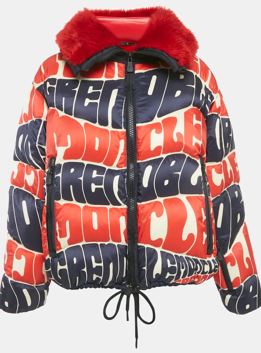 Moncler Red/Blue Logo Print Faux Fur and Nylon Puffer Jacket L