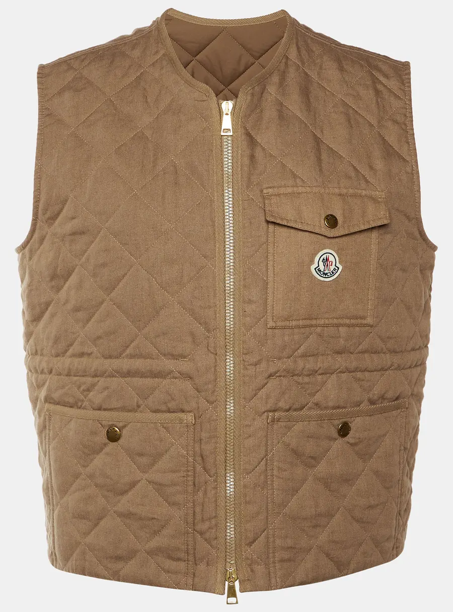 Moncler Brown Quilted Linen Vigny Zip Up Gilet XL