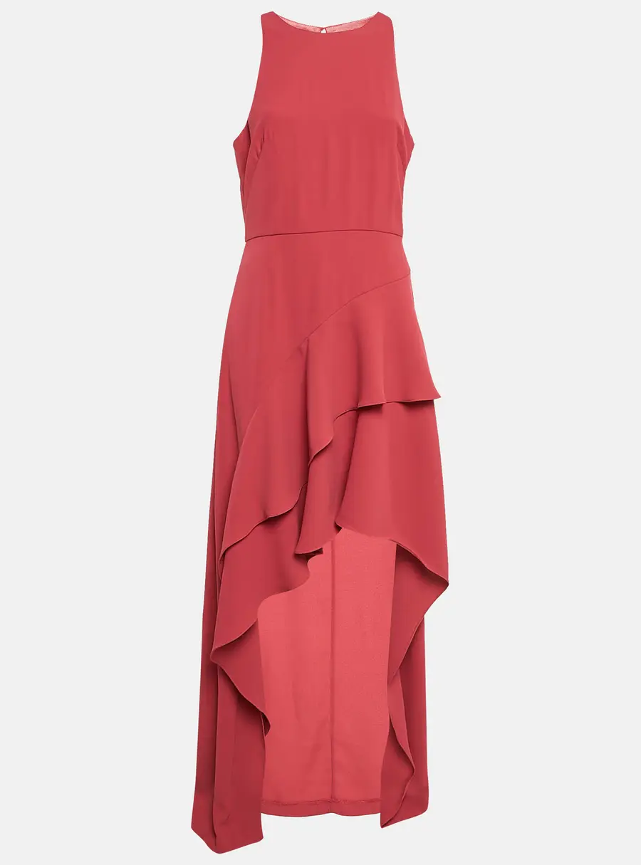 Monique Lhuillier Pink Crepe Ruffled Asymmetric Midi Dress L