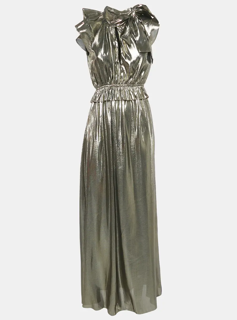 Monique Lhuillier Metallic Silk Lurex Ruffled Neck Tie-Up Detail Maxi Dress S