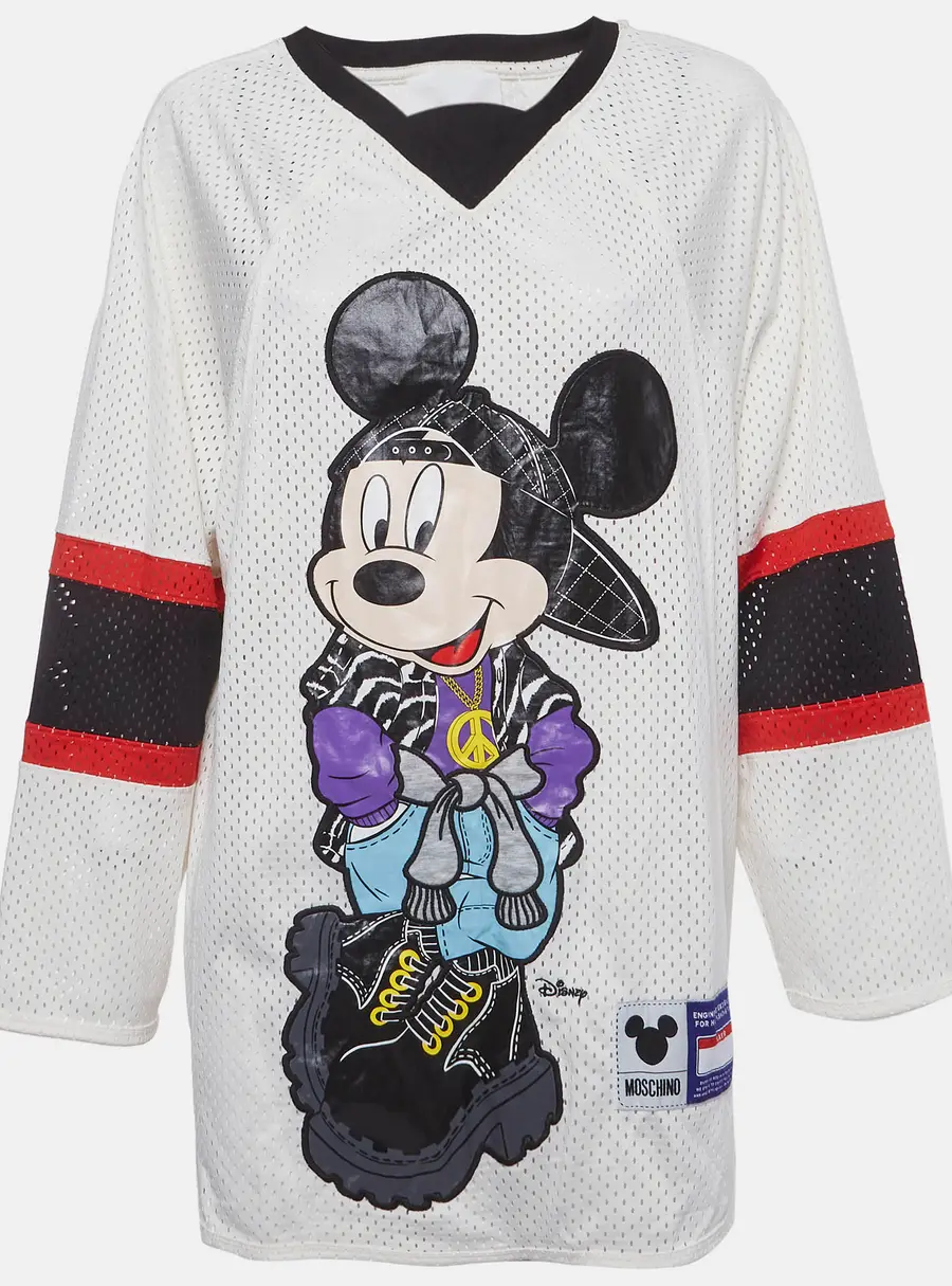 Moschino x H&M White Mickey Mouse Graphic Jersey Mesh Oversized Top S