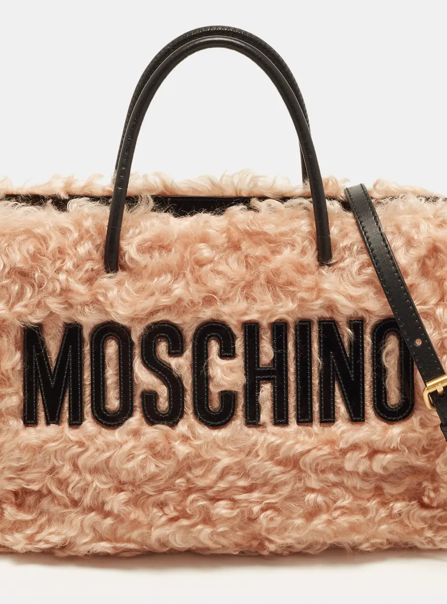 Moschino East/West Mohair Peach/Black Shearling Fur and Leather Tote