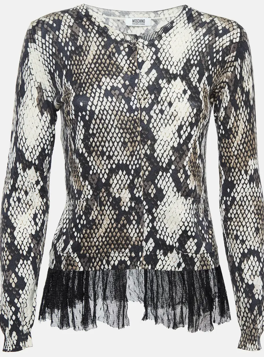 Moschino Cheap and Chic Black Snake Print Ruffled Cardigan Top M