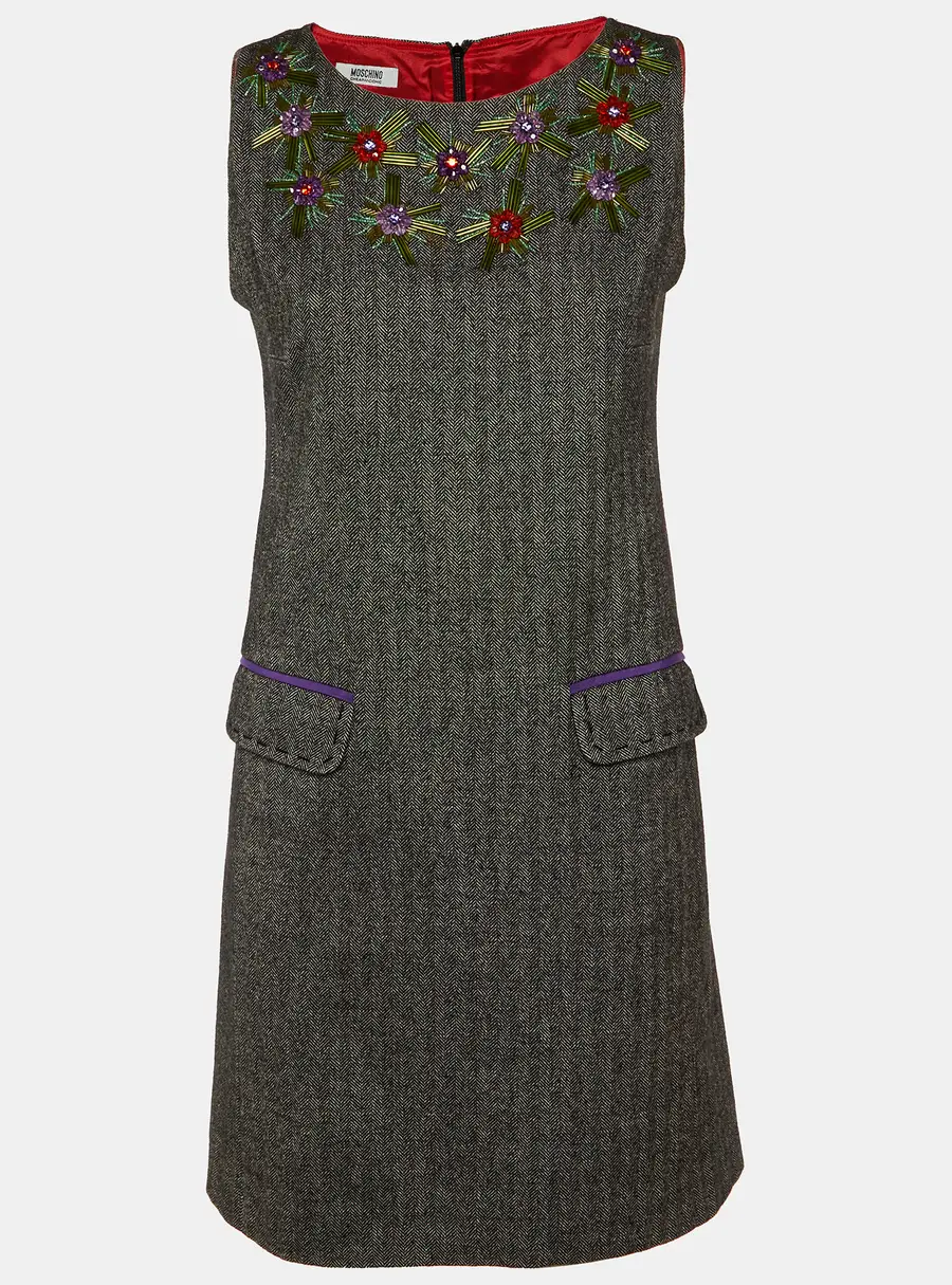 Moschino Cheap and Chic Charcoal Grey Patterned Embellished Shift Dress M