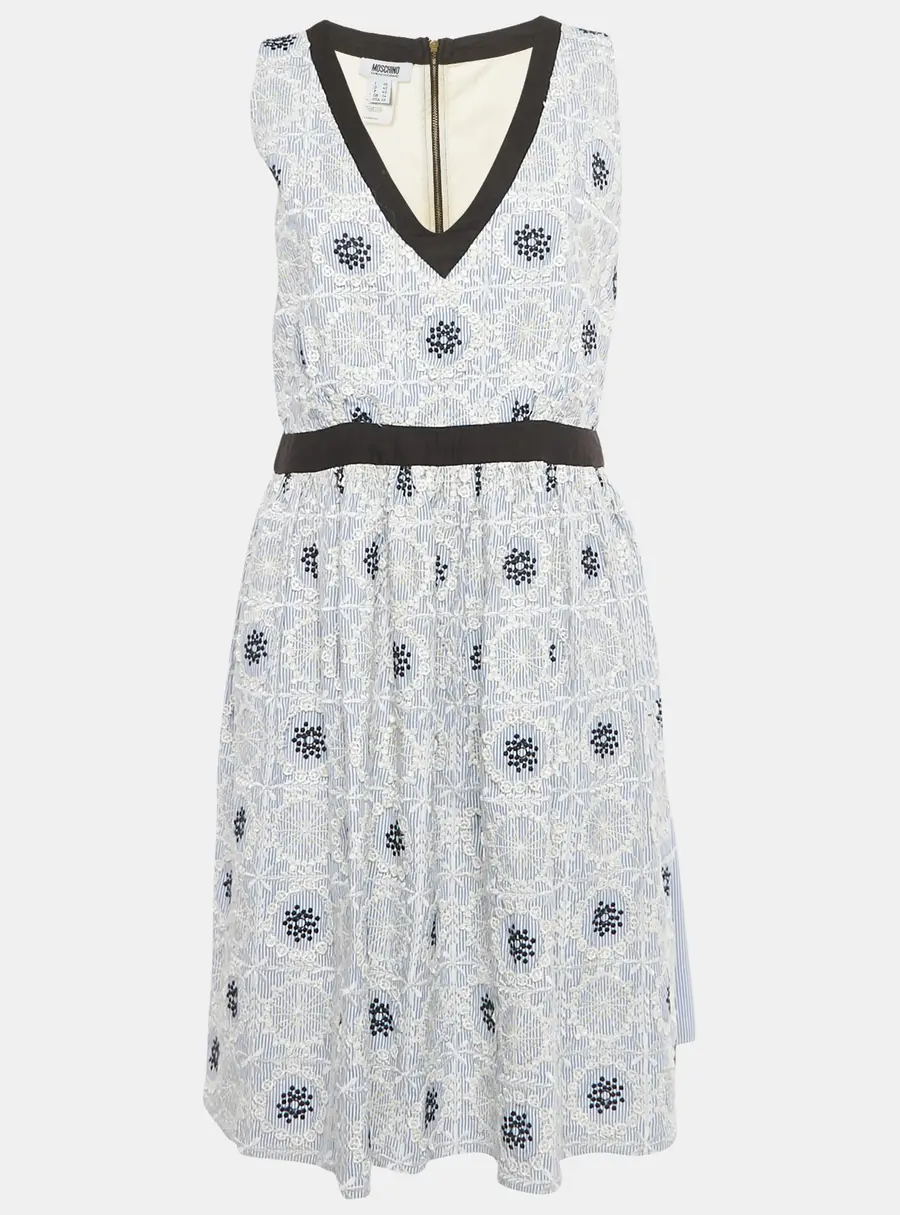 Moschino Cheap and Chic Blue /White Striped Embroidered Cotton Blend Midi Dress L