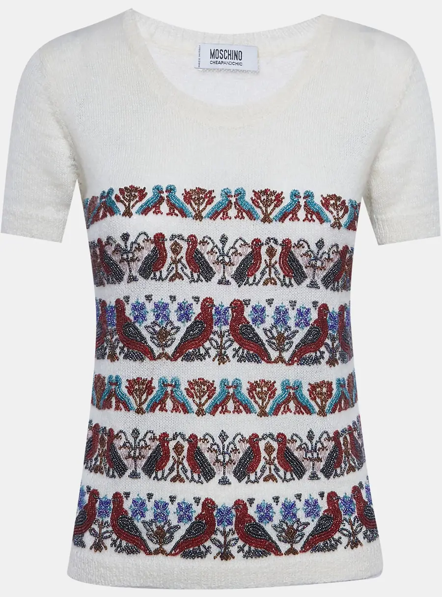Moschino Cheap and Chic White Beaded Mohair Shirt Sleeve Sweater M