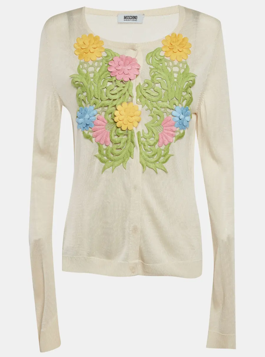 Moschino Cheap And Chic Cream Knit Floral Applique Detail Cardigan L