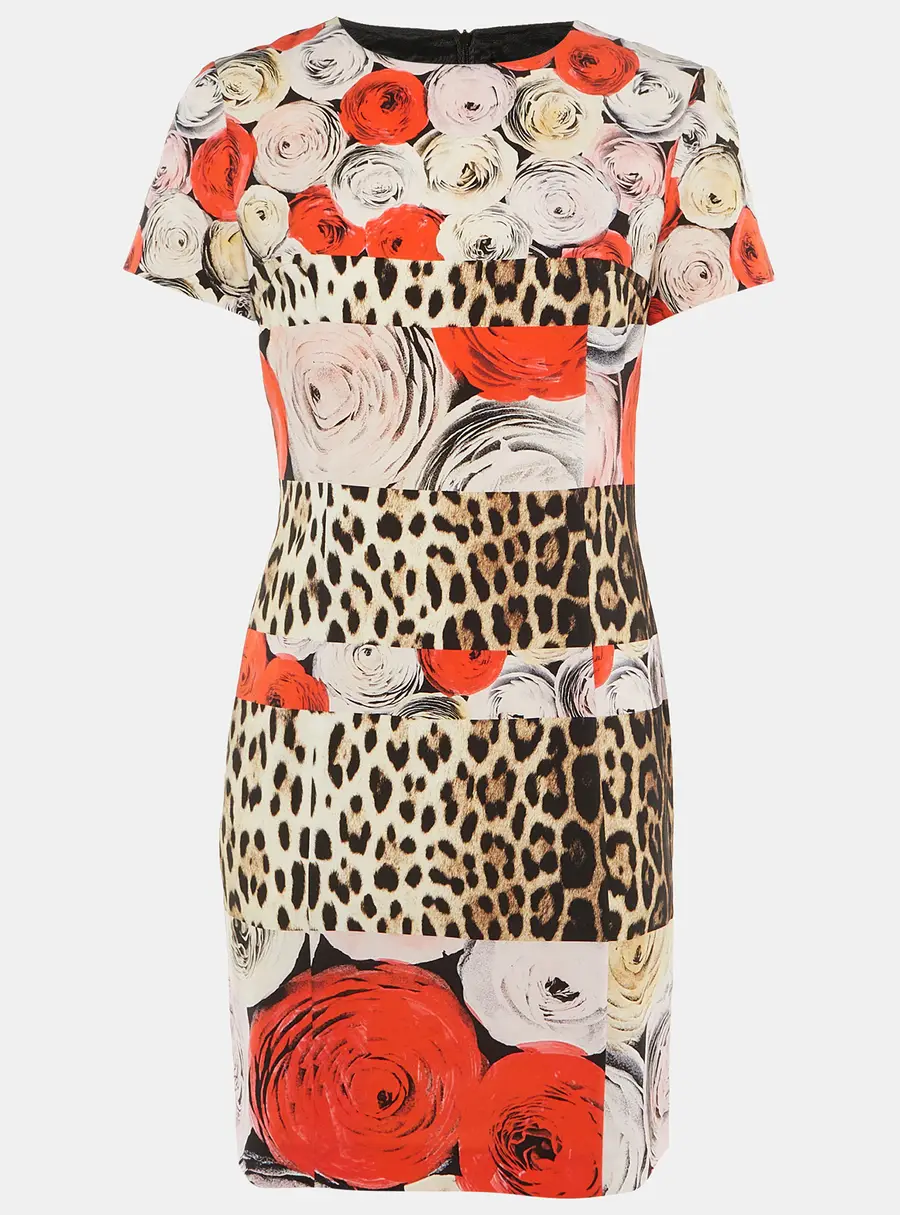 Moschino Cheap and Chic Multicolor Leopard Rose Print Crepe Shift Dress M