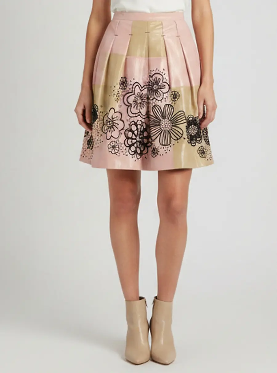 Moschino Cheap and Chic Metallic Beige/Pink Silk Floral Embellishment Midi Skirt L