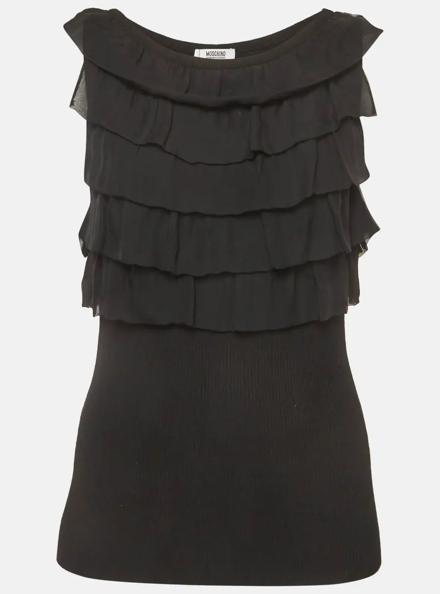 Moschino Cheap and Chic Black Rib Knit and Chiffon Ruffle Top L