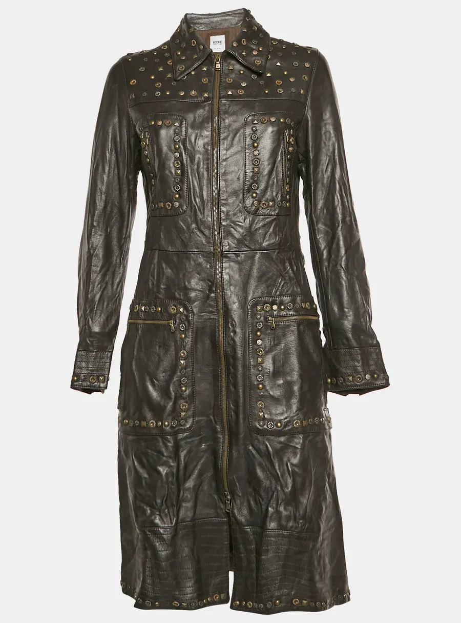 Moschino Cheap and Chic Vintage Brown Leather Studded Long Coat M