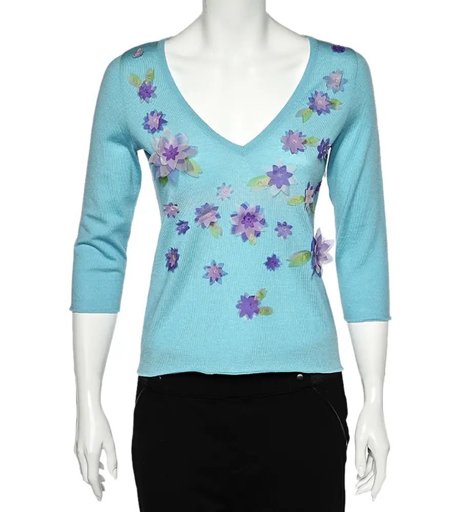 Moschino Cheap and Chic Blue Wool Floral Applique V-Neck Sweater M
