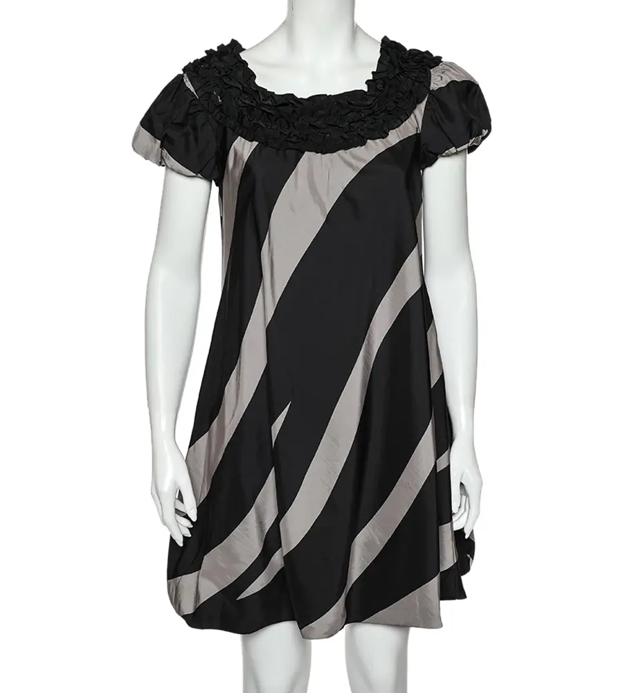 Moschino Cheap and Chic Monochrome Striped Silk Ruffled Neck Detail Mini Dress M