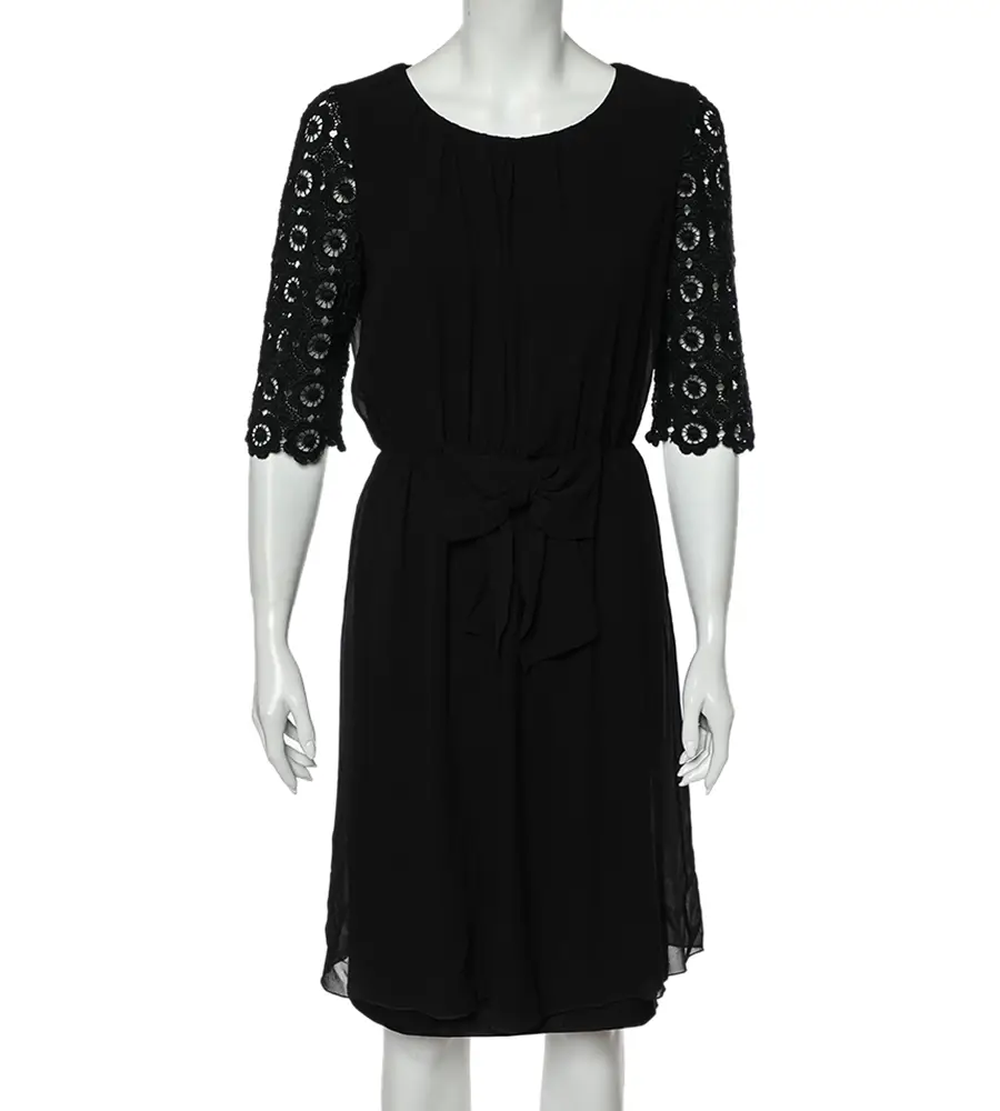 Moschino Cheap and Chic Black Silk & Lace Sleeve Midi Dress M