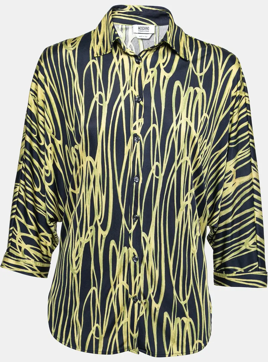 Moschino Cheap and Chic Navy Blue and Yellow Printed Jersey Dolman Sleeve Shirt S