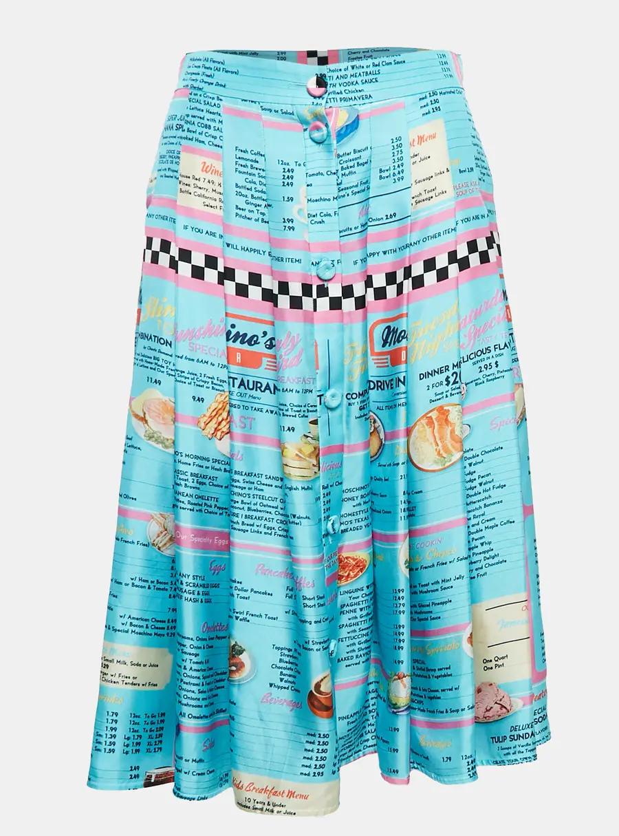 Moschino Couture Blue Drive In Menu Print Silk Pleated Midi Skirt L