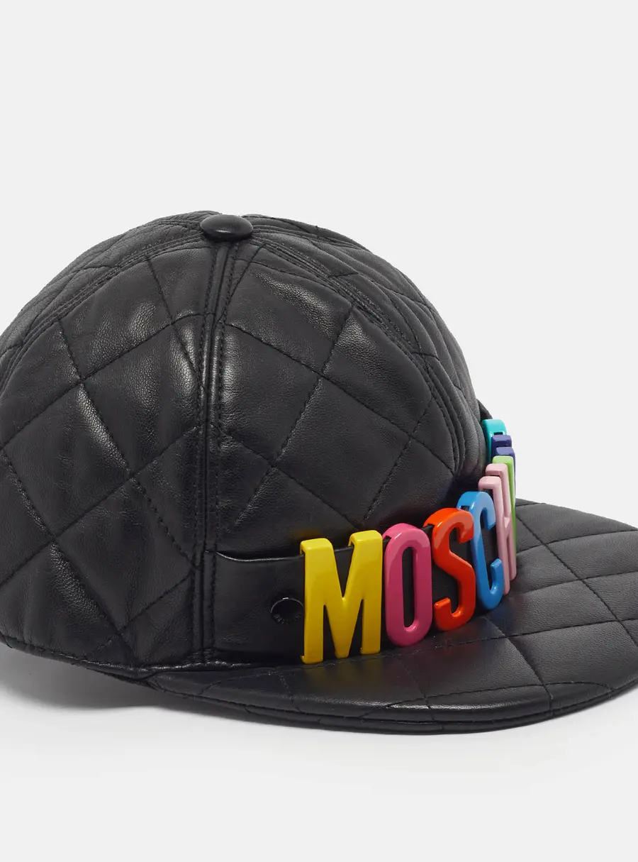 Moschino Couture Black Rainbow Logo Quilted Leather Baseball Cap S