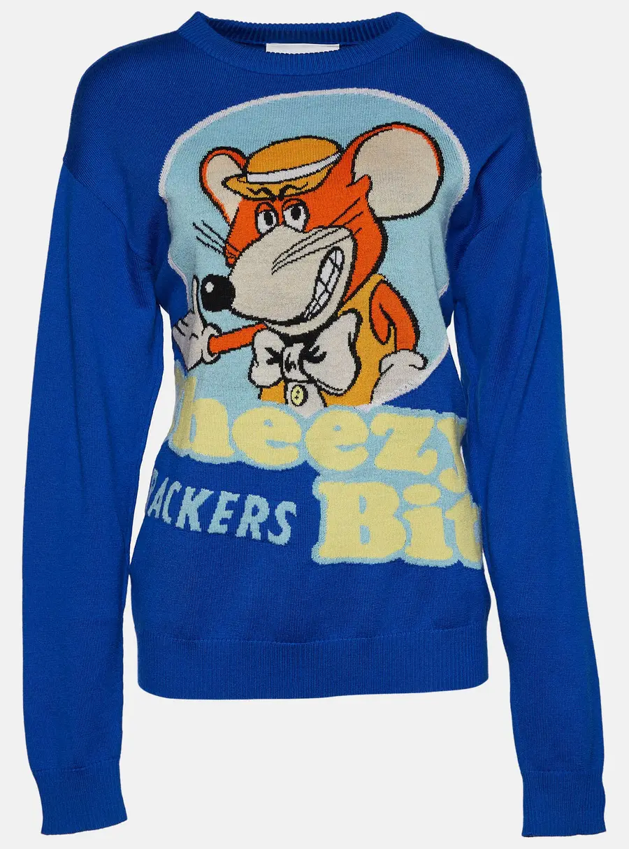 Moschino Couture Blue Cheezy Bits Wool Intarsia Knit Long Sleeve Jumper S