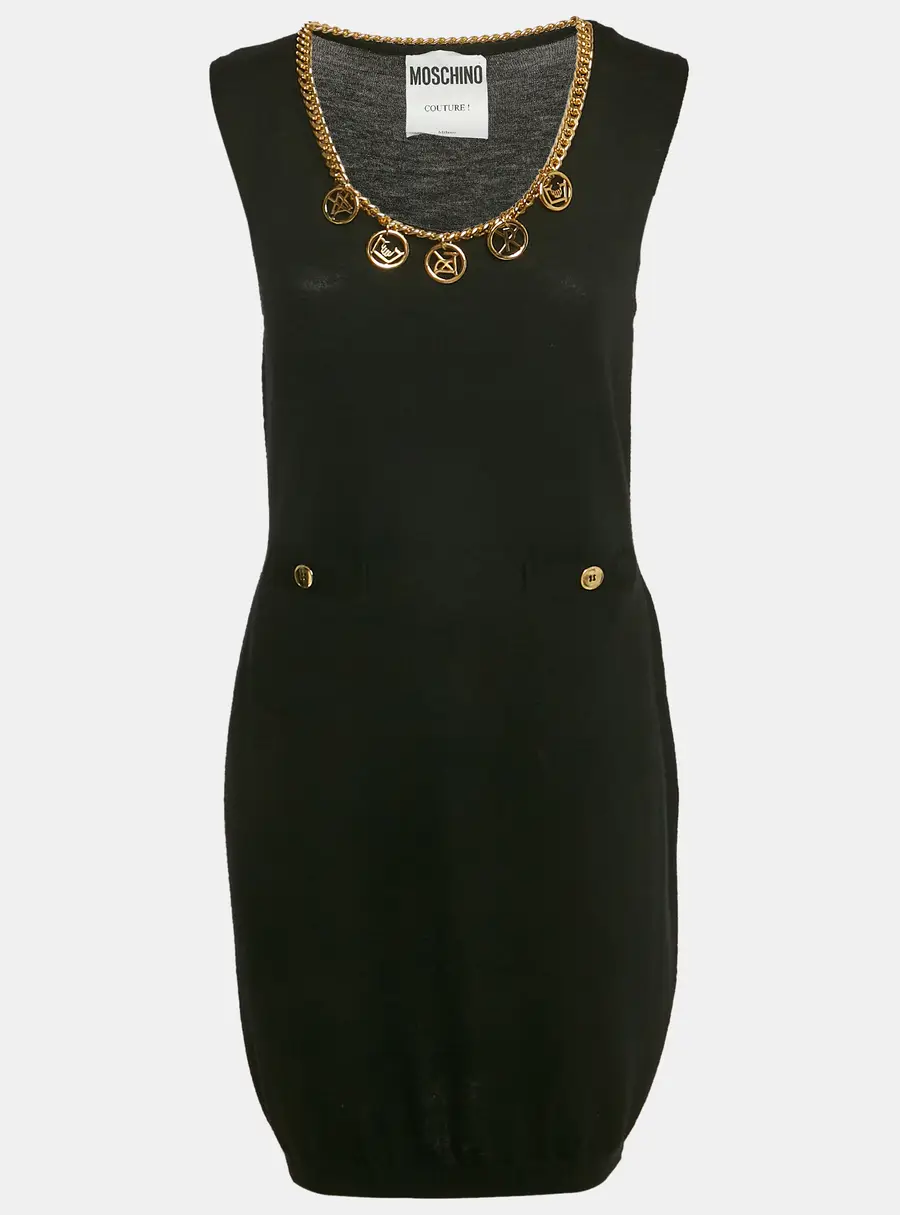 Moschino Couture Black Wool Knit Neck Embellished Mini Dress M