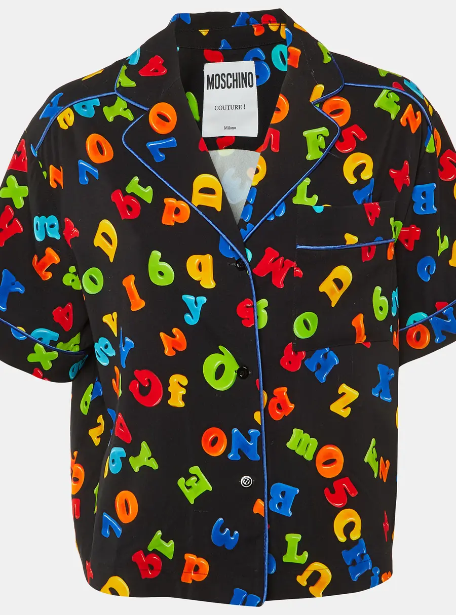 Moschino Couture Black Letter Print Crepe Short Sleeve Shirt L