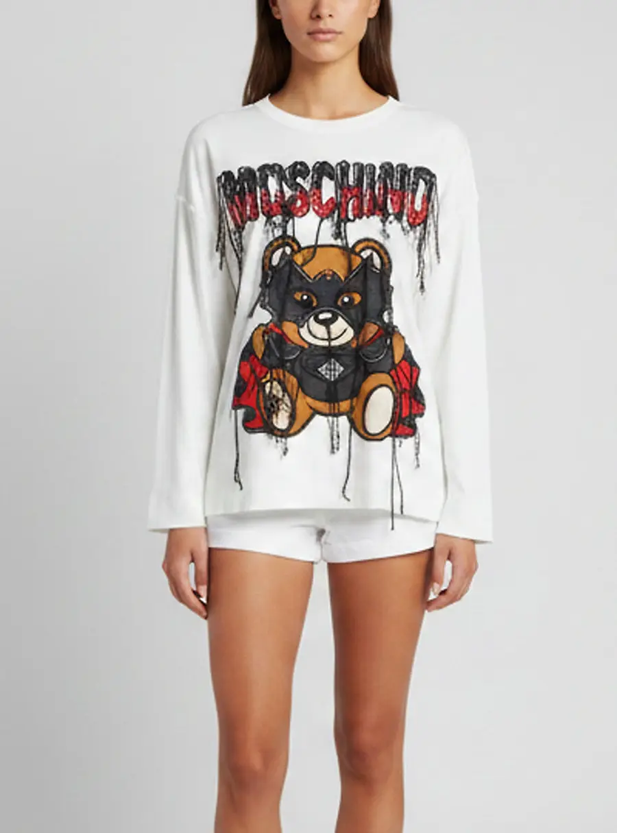 Moschino Couture White Vampire Teddy Fringed Intarsia Knit Sweatshirt XS