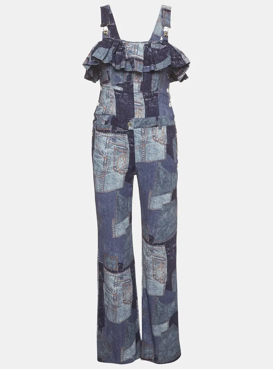 Moschino Couture Blue Printed Jersey Ruffle Neck Jumpsuit M