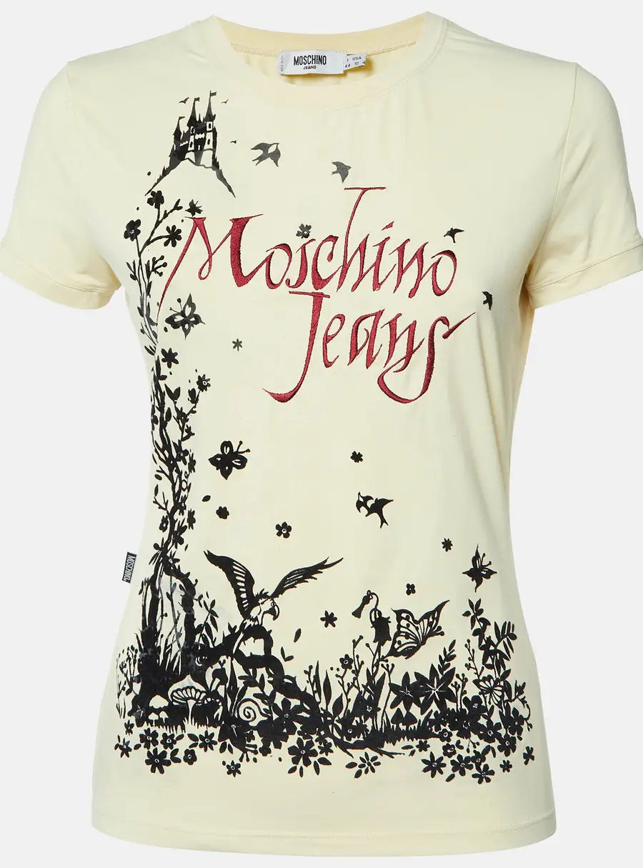 Moschino Jeans Yellow Logo Embroidery and Flock Print Jersey T-Shirt M