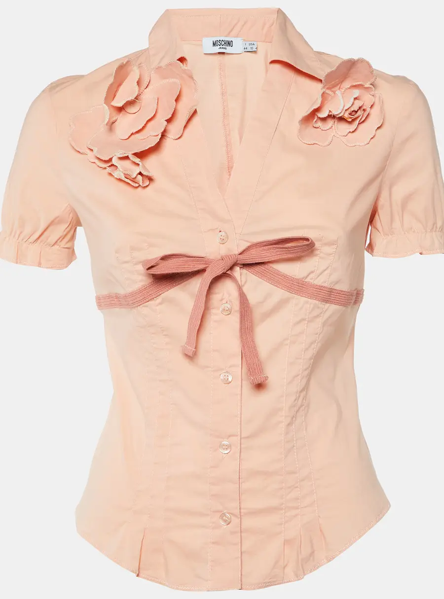 Moschino Jeans Peach Cotton Flower Detail Button Front Shirt M