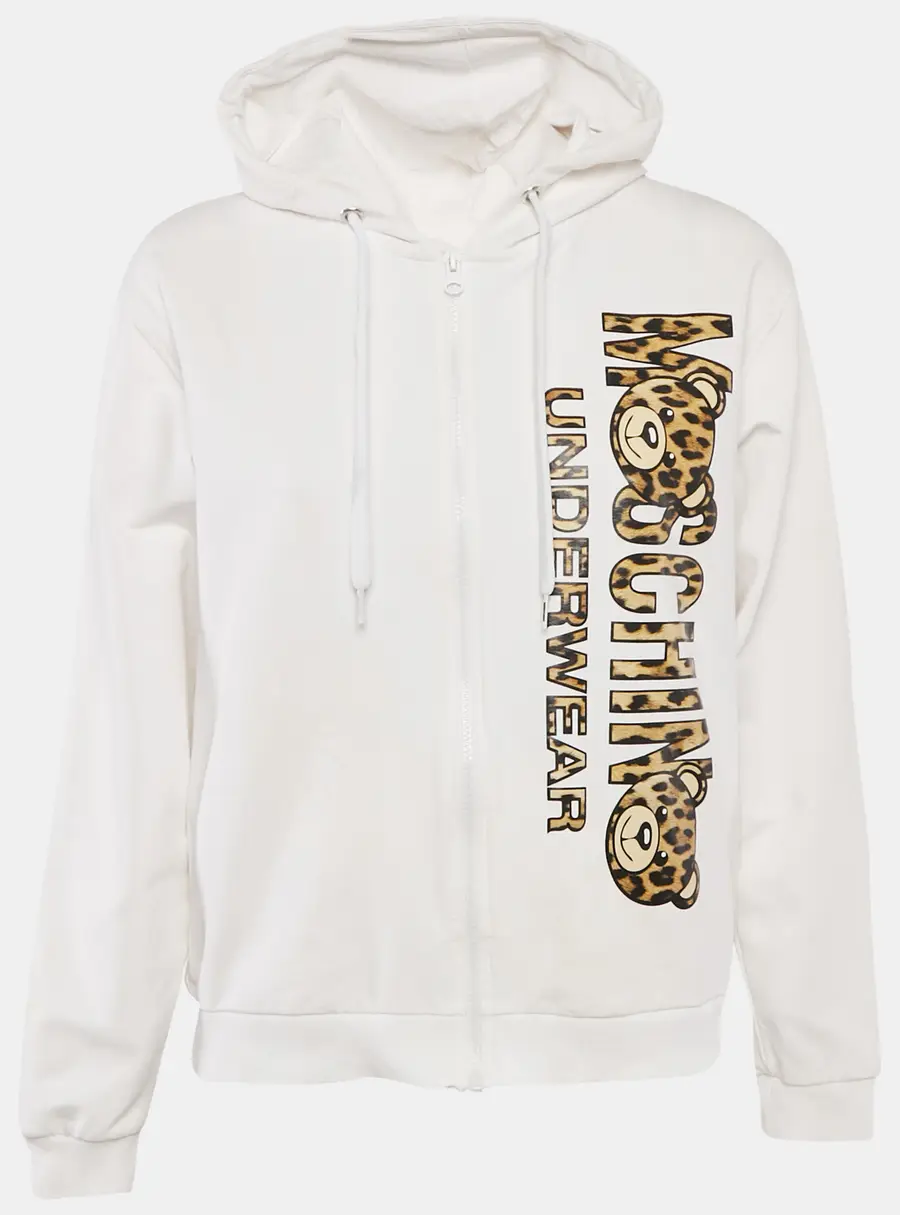 Moschino White Logo Print Cotton Knit Zip-Up Hoodie Jacket XL
