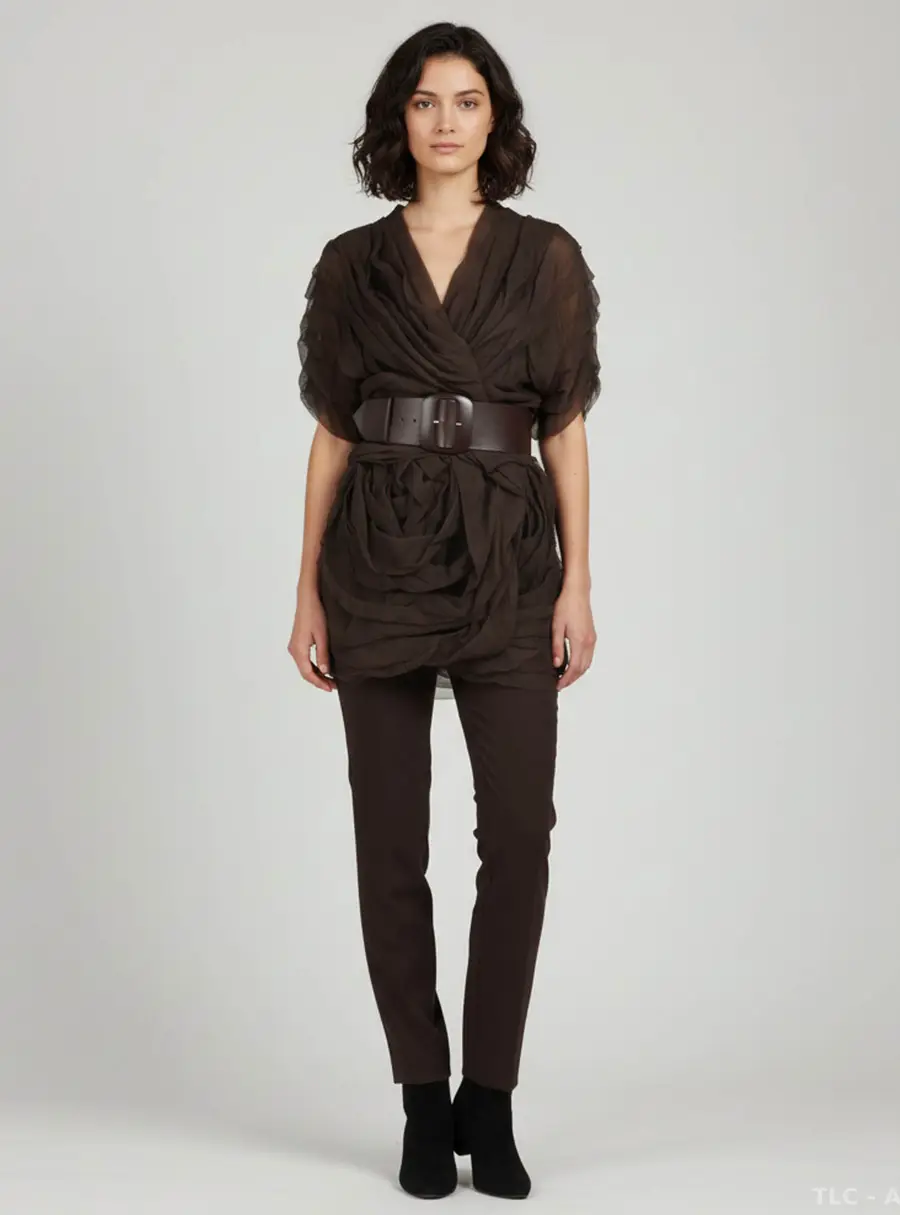 Moschino Brown Cotton and Silk Pants and Ruffled Belted Cardigan Set M