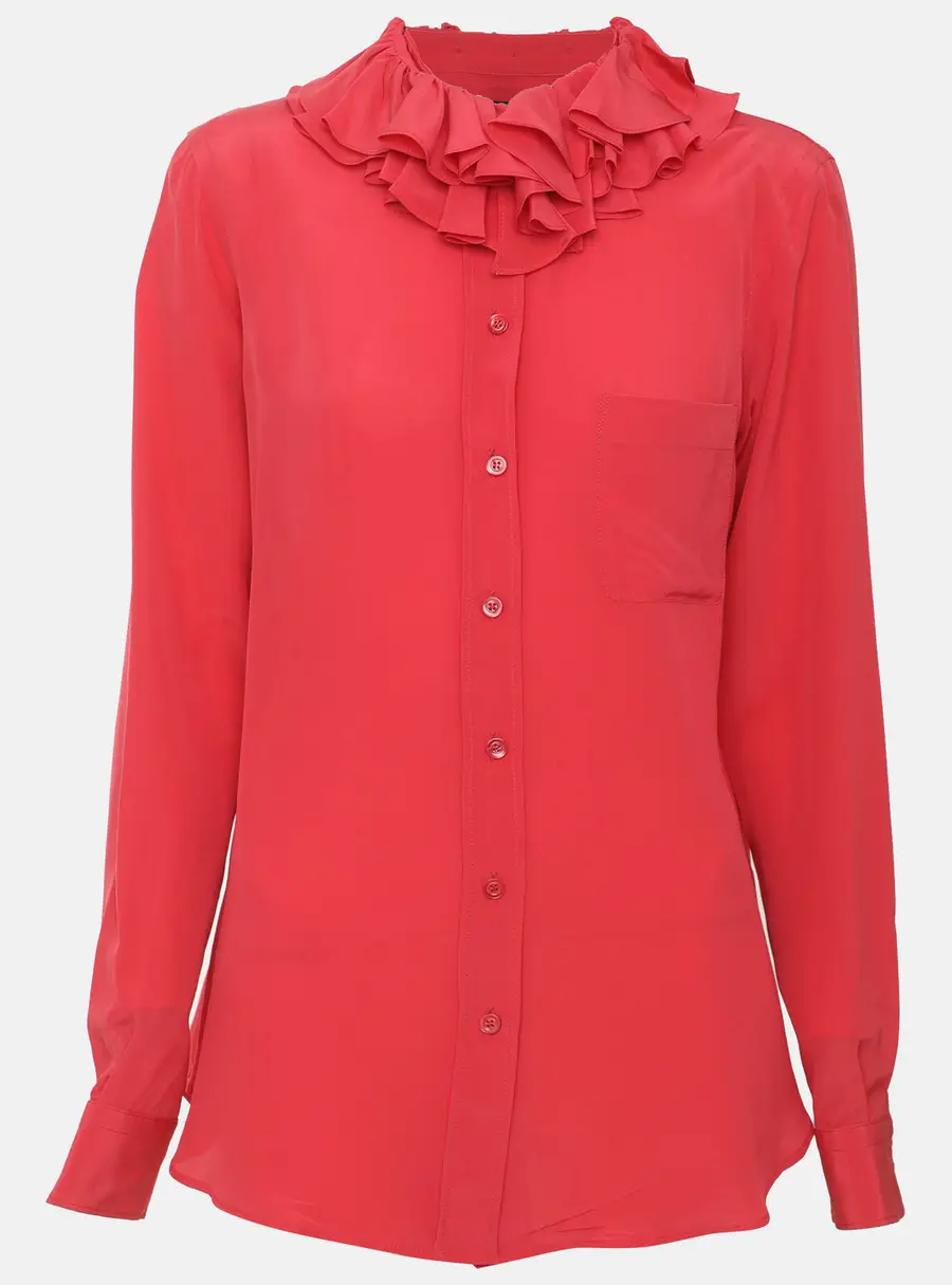 Moschino Coral Red Crepe Ruffled Neck Blouse M